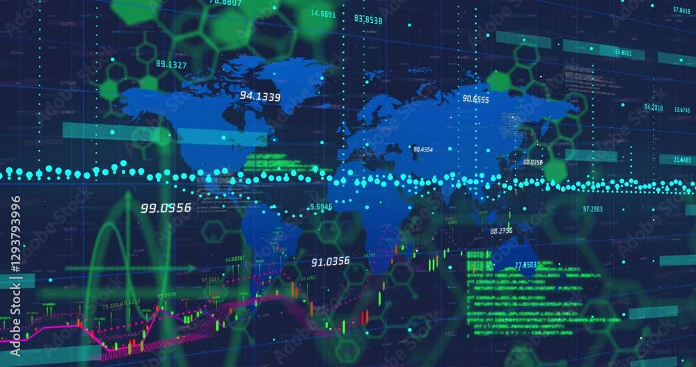 Animation of hexagonal patterns overlaying world map with financial data displayed