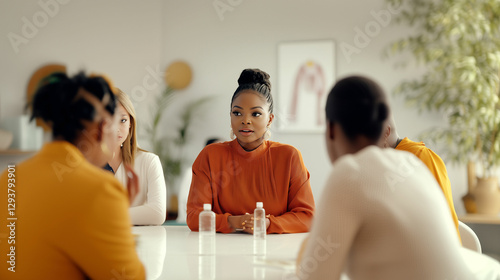Group discussion takes place in a modern office setting with engaged participants