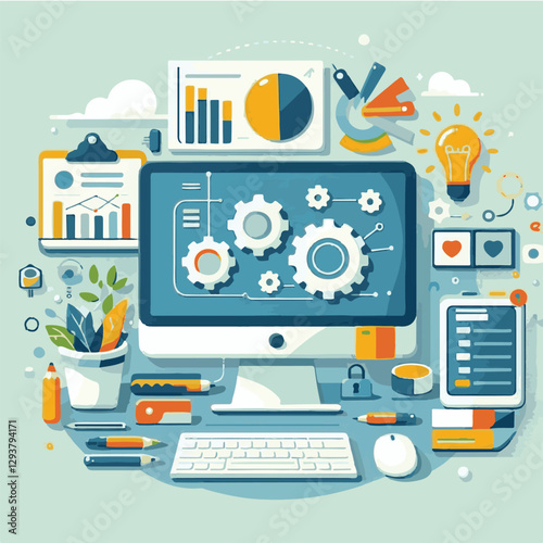 computer, digital, business, technology, communication, laptop, tech, work, office, web, internet, design, employee, vector, information, monitor, pc, modern, device, person, electronic, desktop, scre