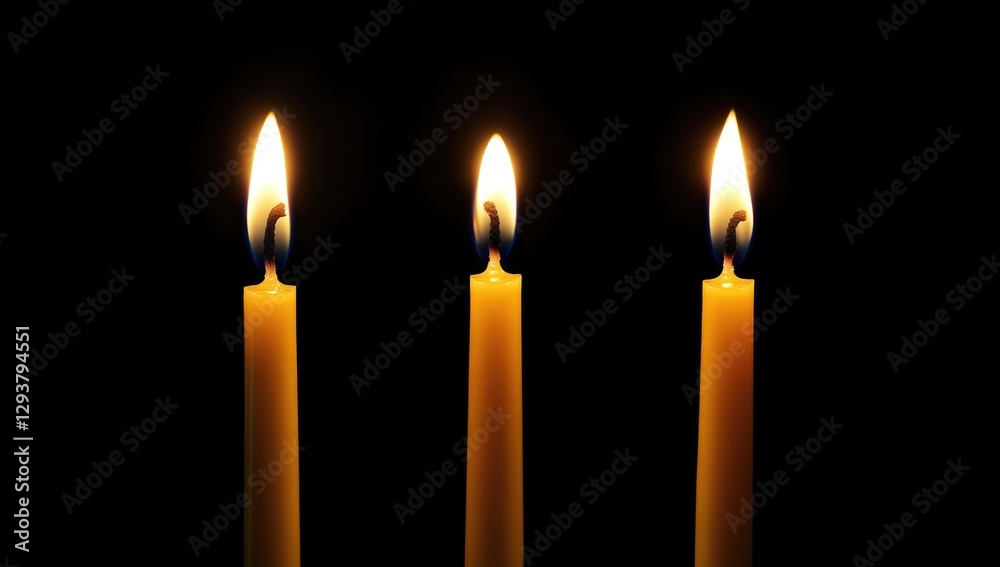 Three burning candles in the dark, illuminated by the soft glow of candlelight. Three burning candles in the dark, illuminated by the soft glow of candlelight.