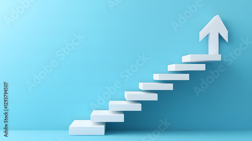 Abstract 3D rendering of white stairs ascending to an upward arrow against a light blue background, symbolizing growth, progress, and success.