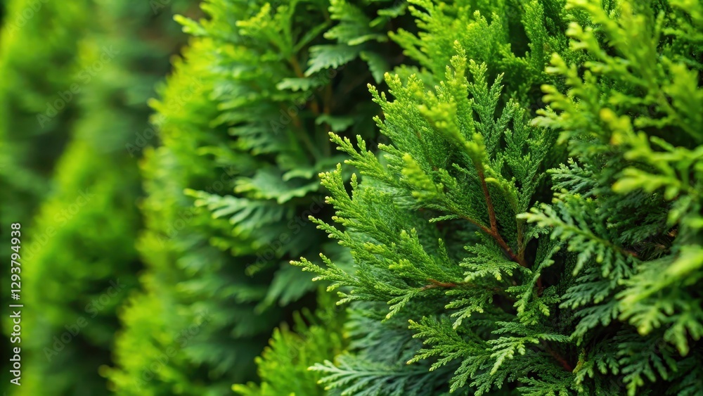 Dense cluster of fresh green branches from a dense hedge of evergreen thuja trees with intricate foliage and subtle texture details , closeup, nature Dense cluster of fresh green branches from a dense hedge of evergreen thuja trees with intricate foliage and subtle texture details , closeup, nature