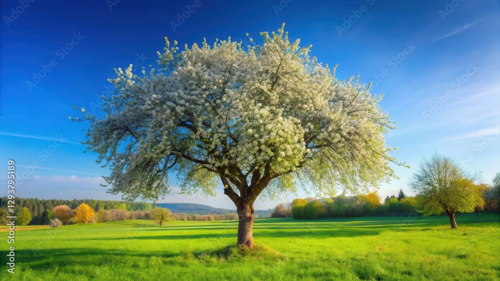 Serene orchard with solitary apple tree blooming alone against a clear blue sky and lush green foliage in autumn, blossom, blossom Serene orchard with solitary apple tree blooming alone against a clear blue sky and lush green foliage in autumn, blossom, blossom