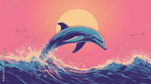 Dolphin leaping over waves at sunset. Artistic illustration.  Possible stock use