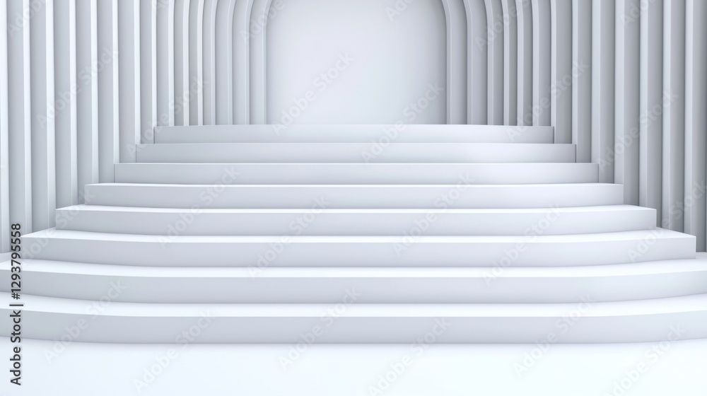 Obraz premium A minimalist white interior featuring a series of smooth steps leading to an archway, creating a serene and spacious atmosphere.