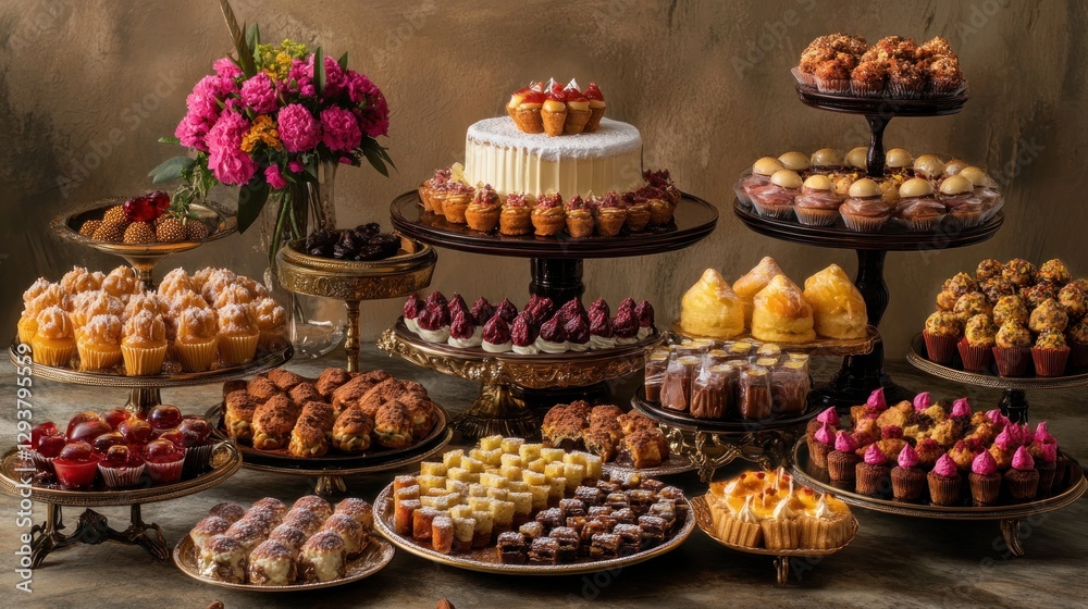 An opulent display of Eid desserts featuring various cakes, pastries, and sweets arranged on tiered stands An opulent display of Eid desserts featuring various cakes, pastries, and sweets arranged on tiered stands