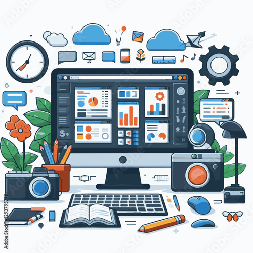 computer, digital, business, technology, communication, laptop, tech, work, office, web, internet, design, employee, vector, information, monitor, pc, modern, device, person, electronic, desktop, scre