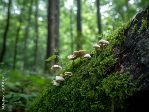 Aged Tree Trunk Covered in Moss with Tiny Mushrooms Growing on It