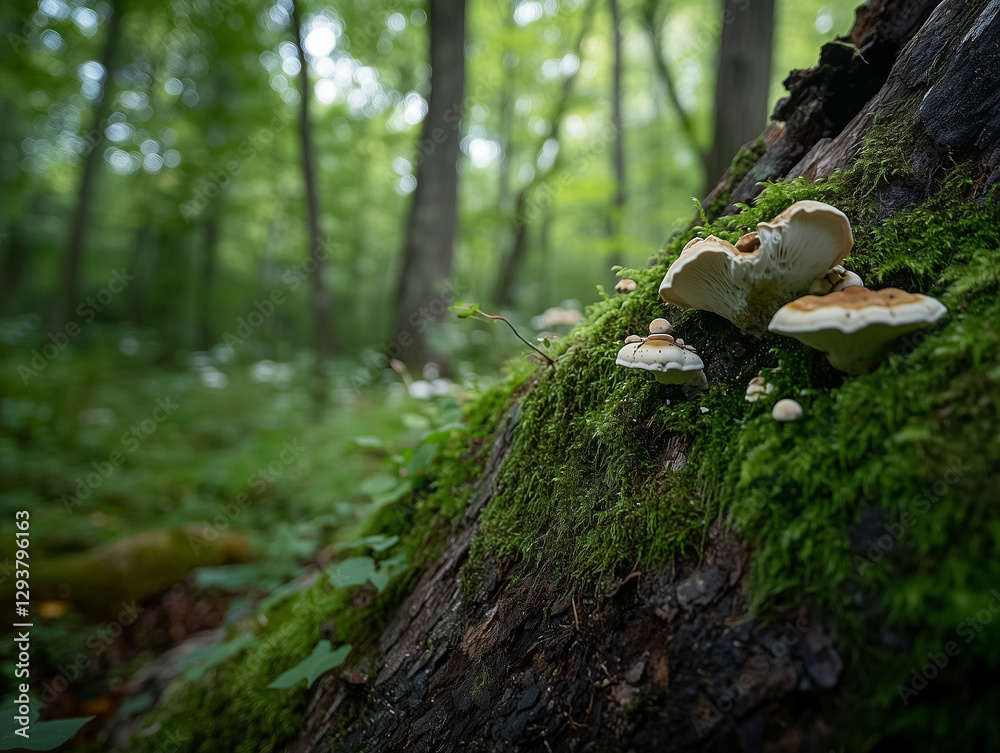 Aged Tree Trunk Covered in Moss with Tiny Mushrooms Growing on It Aged Tree Trunk Covered in Moss with Tiny Mushrooms Growing on It