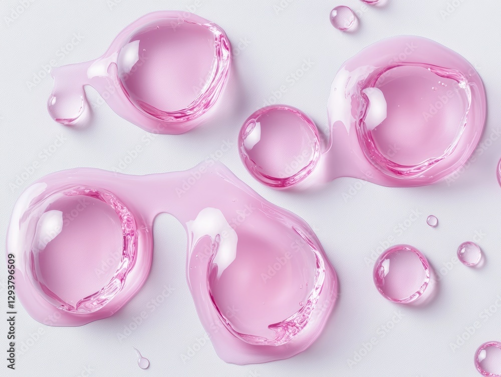 Pink serum drops creating bubbles on white background Pink serum drops creating bubbles on white background
