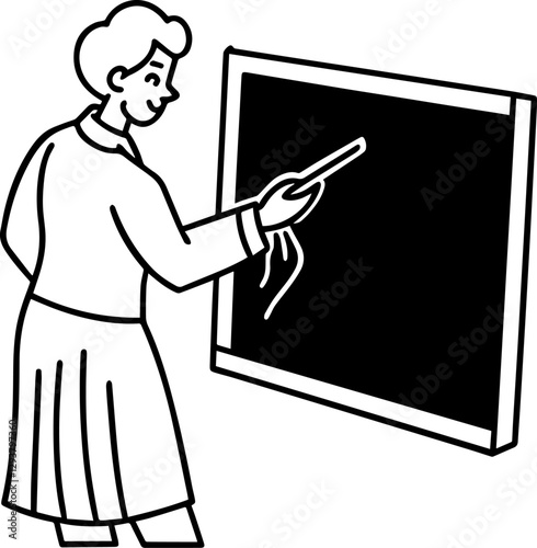 teacher writing on a board outline vector illustration, silhouette