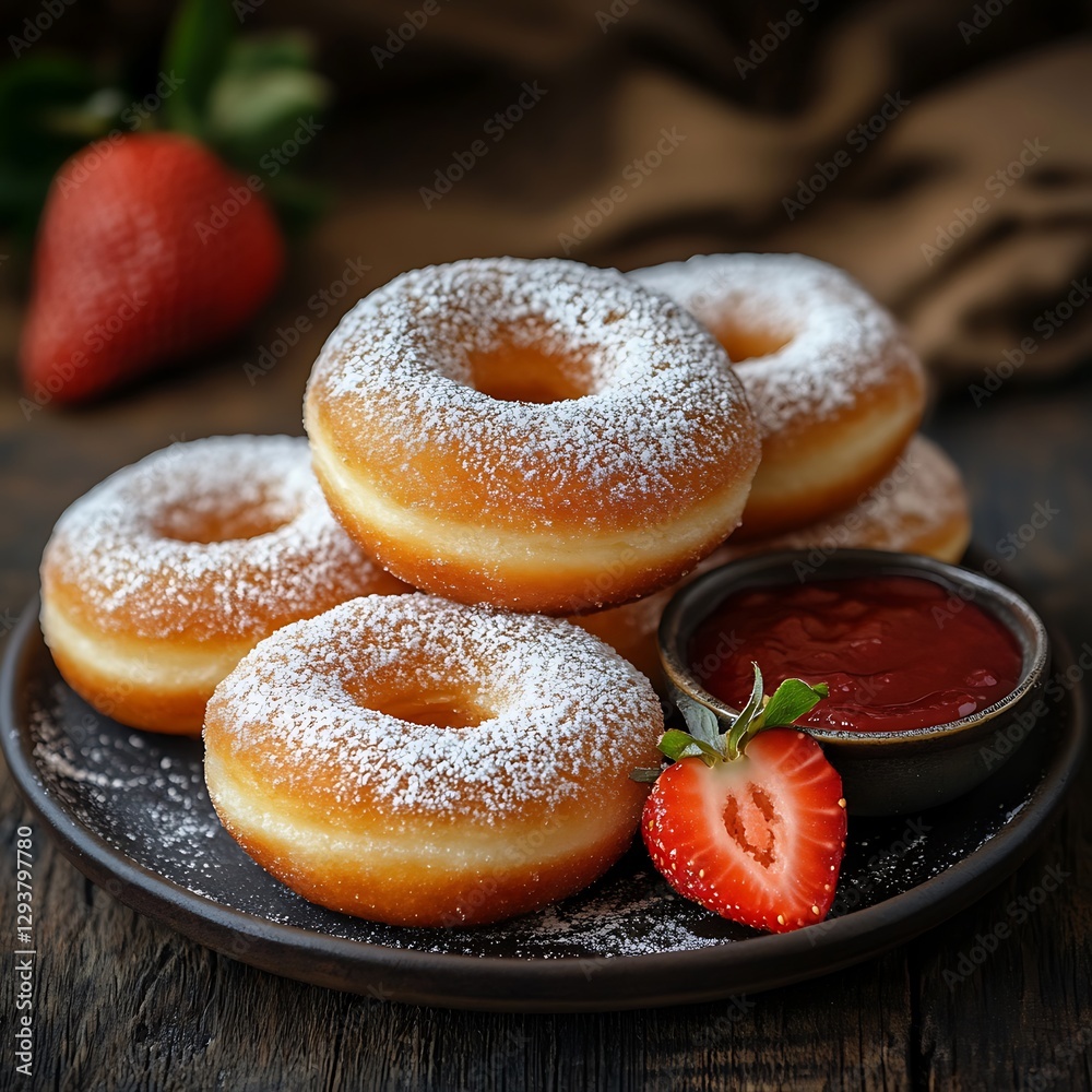 The images shows doughnuts and strawberry on the plate The images shows doughnuts and strawberry on the plate