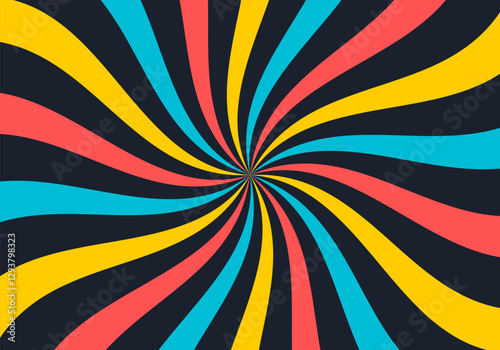 Dynamic abstract design of wavy colored stripes on a dark background forming curved waves with a comic book style spinning effect.