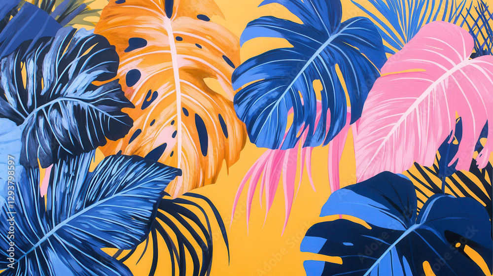 A stunning botanical artwork depicting an assortment of oversized jungle leaves, including split-leaf philodendrons and dramatic fern fronds A stunning botanical artwork depicting an assortment of oversized jungle leaves, including split-leaf philodendrons and dramatic fern fronds