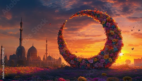 Floral crescent moon over Arabian mosques at sunset