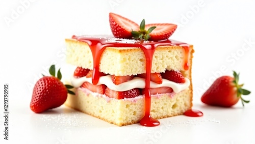 Indulgent Strawberry Shortcake Slice with Whipped Cream, Fresh Strawberries, and Drizzled Syrup – Sweet Dessert Delight photo