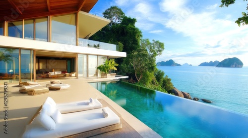 Luxury beachfront villa with infinity pool and ocean view  showcasing modern architecture with floor-to-ceiling windows