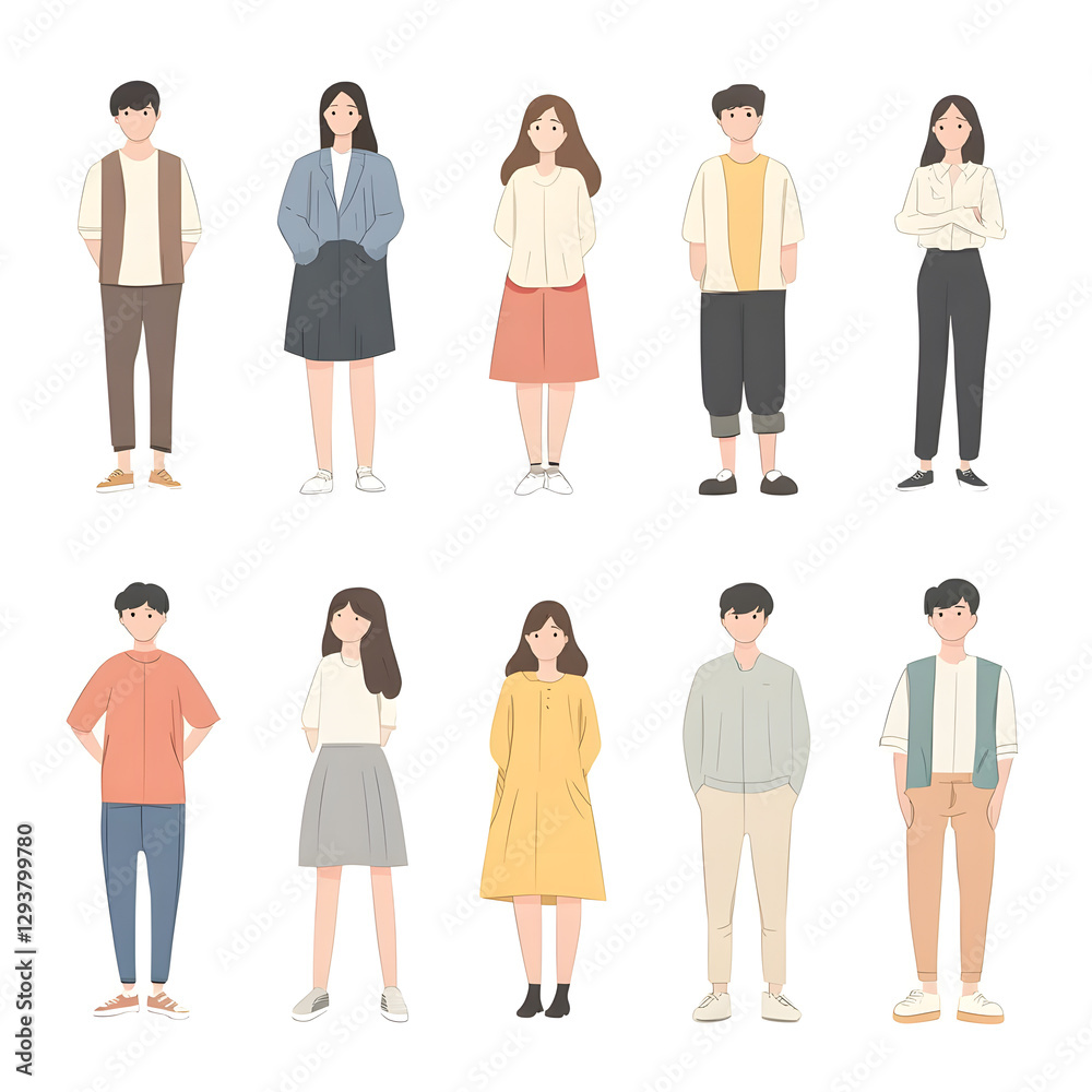 Obraz premium A set of drawing people standing in various poses, flat art style, isolated on white background