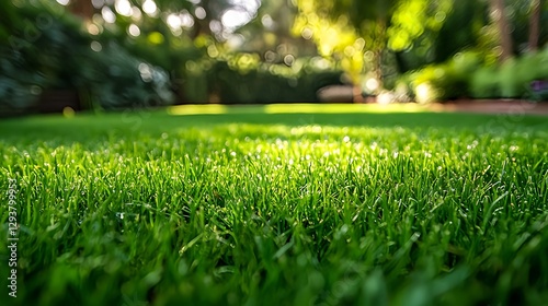 Foto em close de grama verde com fundo de jardim desfocado
