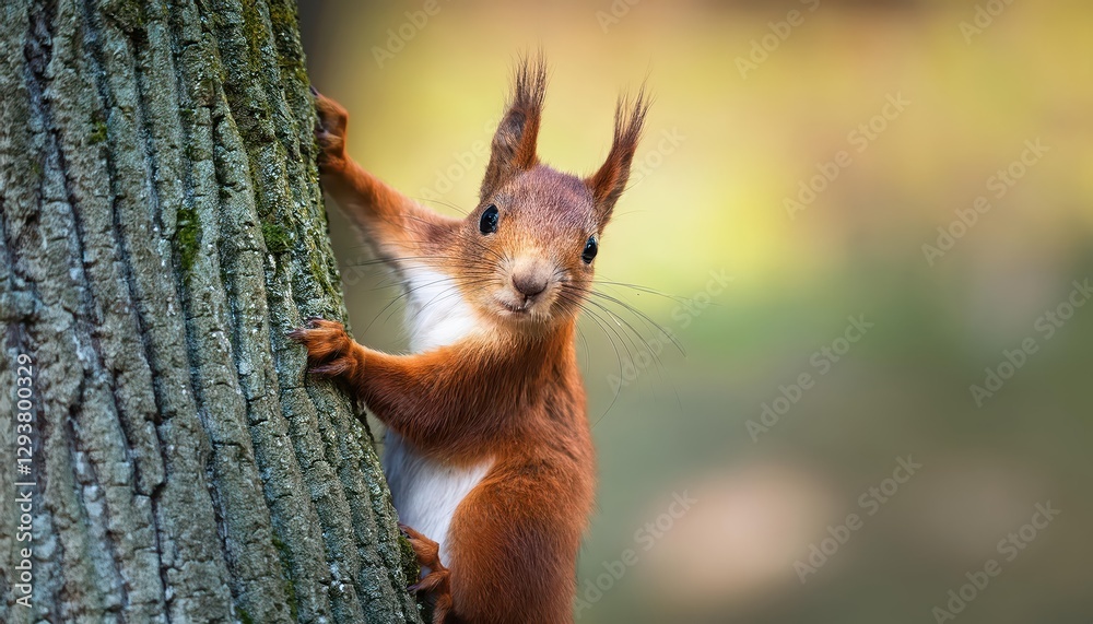 Eurasian Red Squirrel Peers Curiously Behind a Tree, Set Against an Autumnal Forest Backdrop, Capturing the Intrigue and Vibrancy of the Wilderness in Early Evening. Eurasian Red Squirrel Peers Curiously Behind a Tree, Set Against an Autumnal Forest Backdrop, Capturing the Intrigue and Vibrancy of the Wilderness in Early Evening.