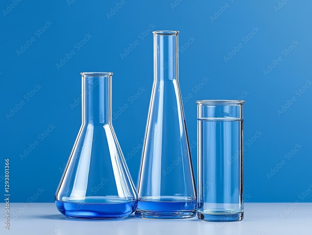 A set of three glass beakers displayed on a table for scientific experiments and laboratory use A set of three glass beakers displayed on a table for scientific experiments and laboratory use