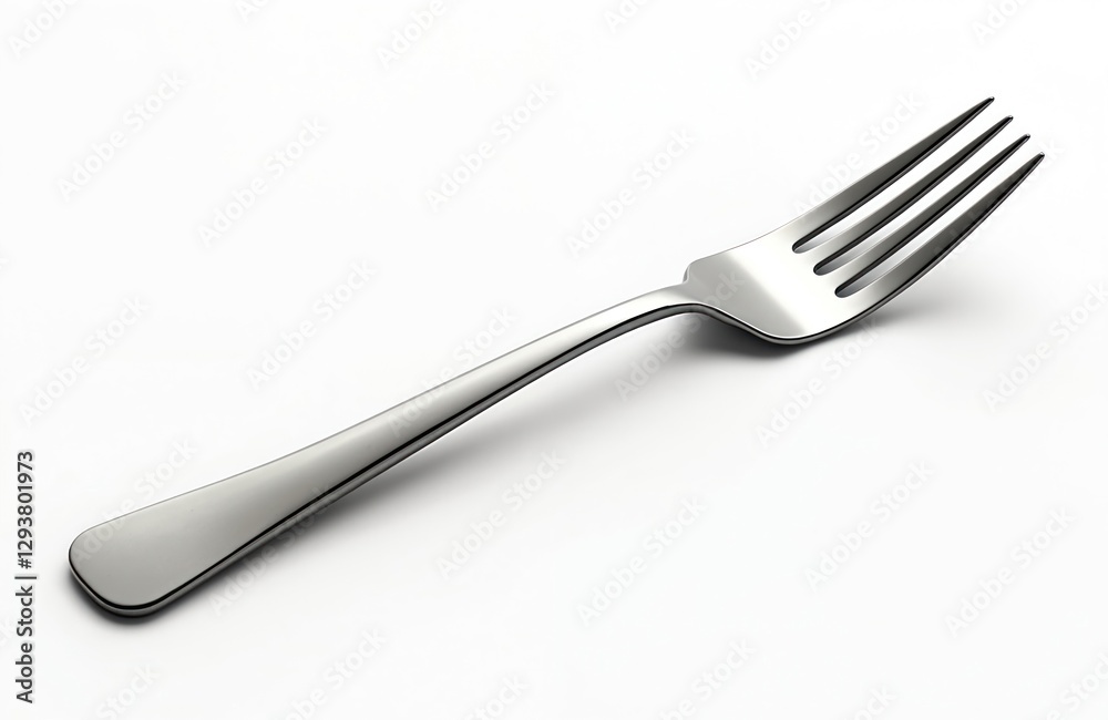 Close-up of isolated shiny metal fork on white background. Silverware utensil for dining. Stainless steel kitchen equipment, small object. Represents eating, gourmet, cooking, food culture. Close-up of isolated shiny metal fork on white background. Silverware utensil for dining. Stainless steel kitchen equipment, small object. Represents eating, gourmet, cooking, food culture.