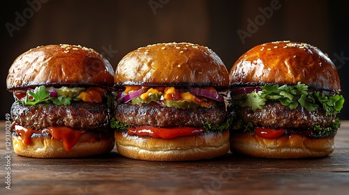 Stunning, ultra-realistic studio photograph featuring three gourmet miniature burgers arranged as a slider trio, each creatively topped with assorted premium ingredients and flavorful sauces,