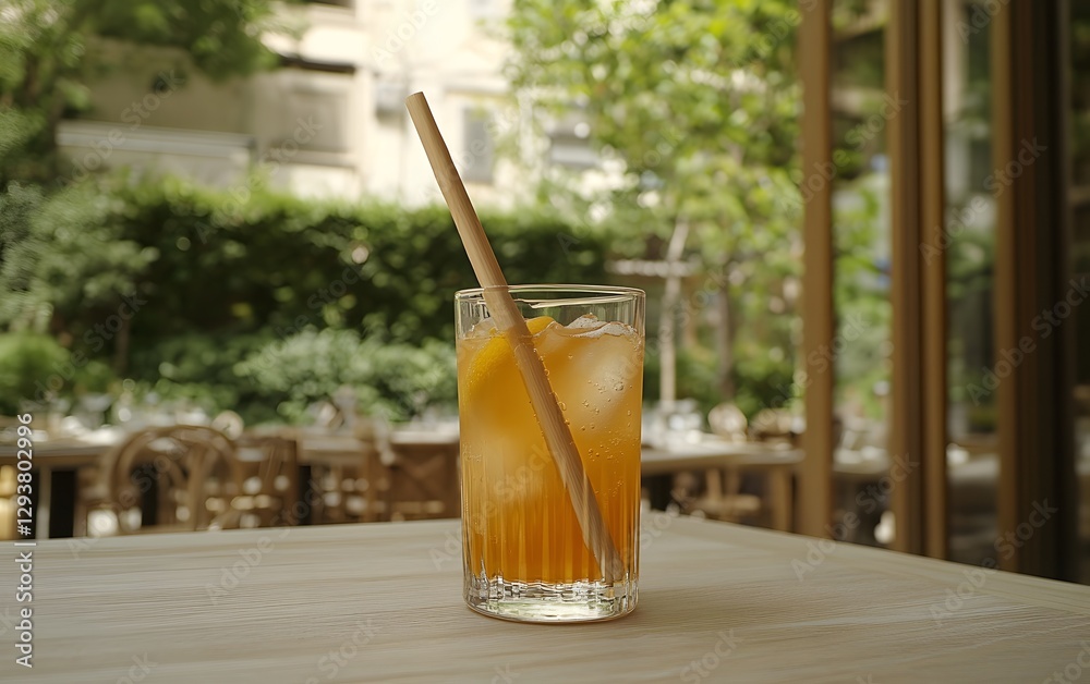 Refreshing Iced Tea Drink in Glass with Straw Outdoor Cafe Summer Refreshing Iced Tea Drink in Glass with Straw Outdoor Cafe Summer