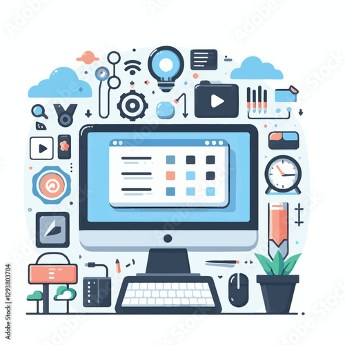 computer, digital, business, technology, communication, laptop, tech, work, office, web, internet, design, employee, vector, information, monitor, pc, modern, device, person, electronic, desktop, scre