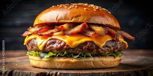Close-up shot of a delicious cheeseburger made from high-quality beef patty