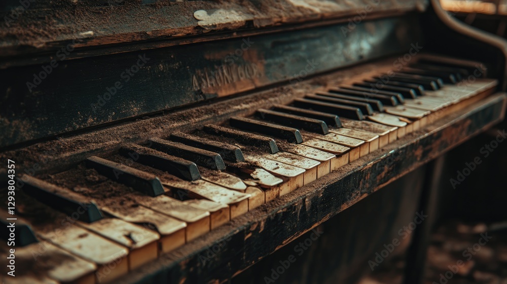 An old, forgotten piano sits in a dimly lit room, with broken keys and a layer of dust, evoking a sense of abandonment and nostalgia An old, forgotten piano sits in a dimly lit room, with broken keys and a layer of dust, evoking a sense of abandonment and nostalgia