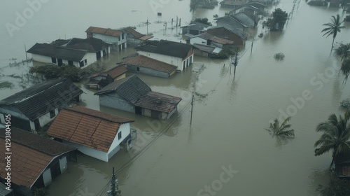 A small village submerged in floodwaters, only rooftops visible, devastating natural disaster,