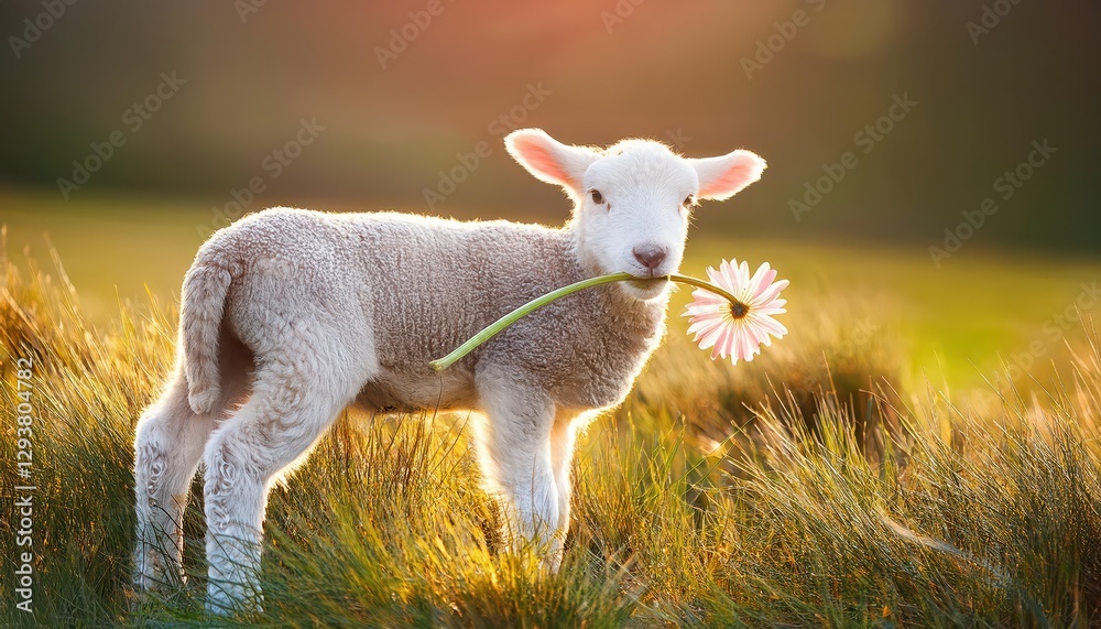 Springtime Portrait of a Cute Lamb Smelling a Flower in a Meadow A Whimsical Pastoral Scene Radiating Joy and Serenity on a Warm Spring Afternoon. Springtime Portrait of a Cute Lamb Smelling a Flower in a Meadow A Whimsical Pastoral Scene Radiating Joy and Serenity on a Warm Spring Afternoon.