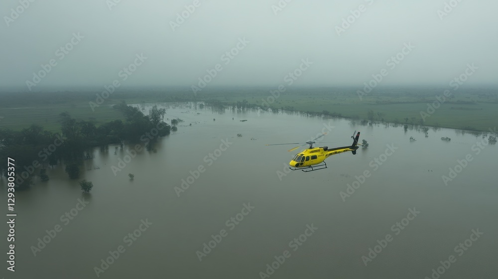 Fototapeta premium A helicopter flying over a flooded region, conducting a rescue mission