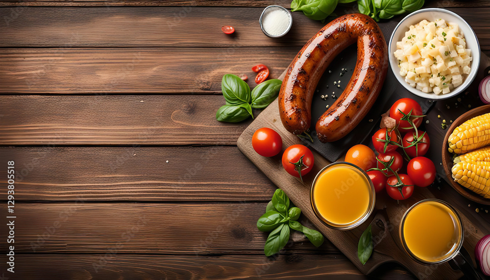 Grilled Sausage and Summer Sides on a Wooden Background Grilled Sausage and Summer Sides on a Wooden Background