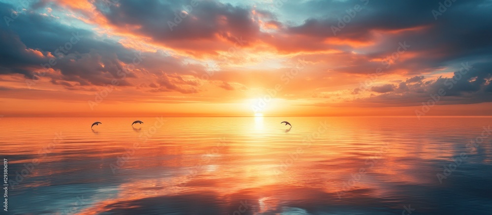Obraz premium A captivating view of dolphins leaping from a calm ocean at sunset with vibrant colors