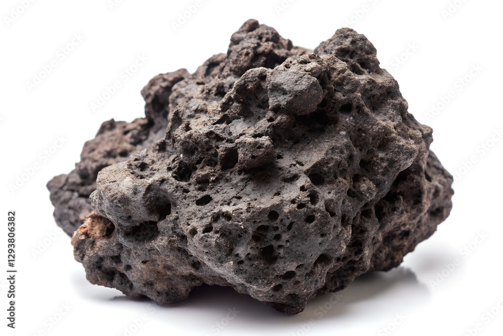 A dark, jagged volcanic rock with a rough texture and deep fissure A dark, jagged volcanic rock with a rough texture and deep fissure