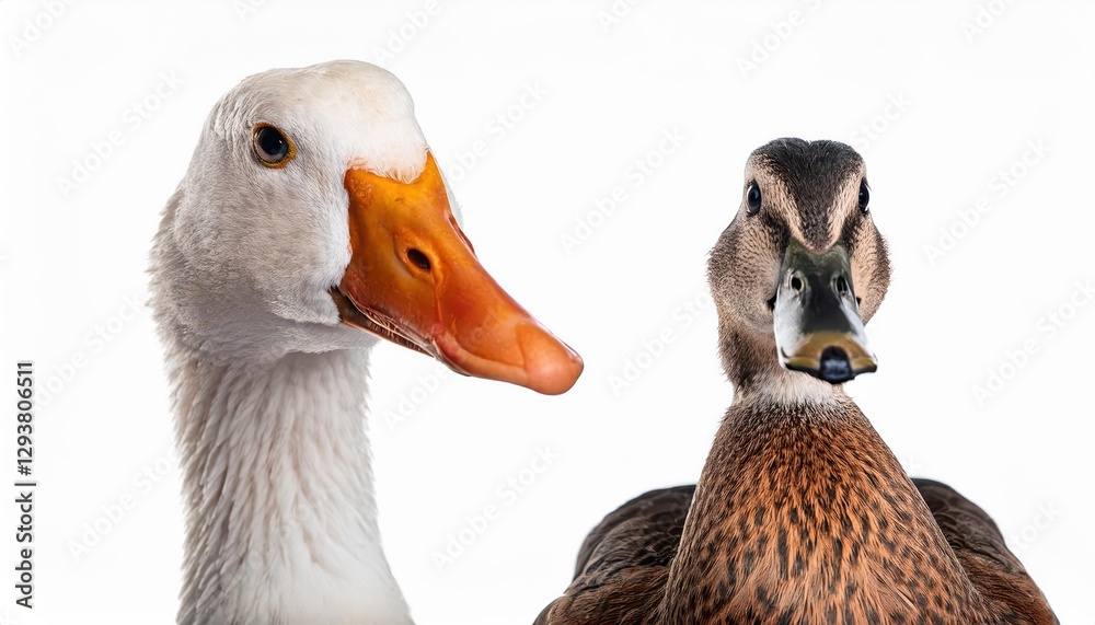 Closeup Portrait of a Humorous Goose and Duck Duo, Isolated on a White Background, Showcasing Playful Characters and Vivid Expressions with an Amusing Aura Closeup Portrait of a Humorous Goose and Duck Duo, Isolated on a White Background, Showcasing Playful Characters and Vivid Expressions with an Amusing Aura