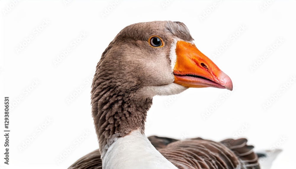 Quirky and Charming Portrait of a Humorous Goose Against a Crisp White Background, Showcasing the Vibrant Feathers and Expressive Eyes of this Captivating Bird Quirky and Charming Portrait of a Humorous Goose Against a Crisp White Background, Showcasing the Vibrant Feathers and Expressive Eyes of this Captivating Bird