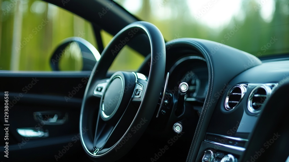 Interior view of a luxurious car showcasing the steering wheel and dashboard against a blurred forest background Interior view of a luxurious car showcasing the steering wheel and dashboard against a blurred forest background
