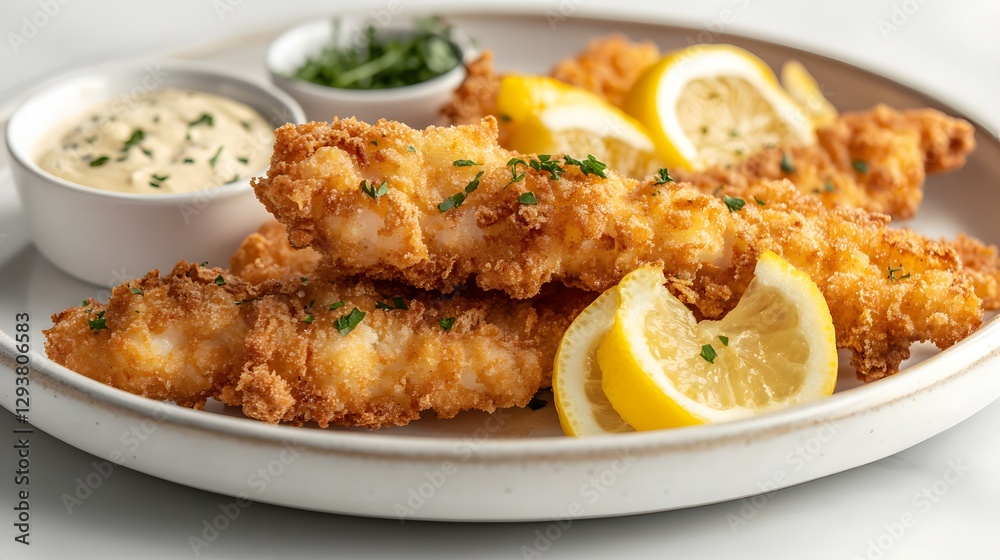 Delicious fried fish with lemon wedges and tartar sauce Delicious fried fish with lemon wedges and tartar sauce