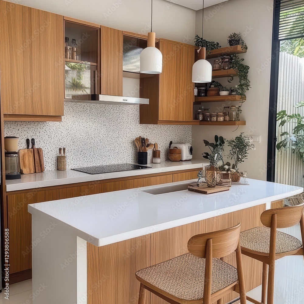 Fototapeta premium Modern kitchen showcases wooden cabinets and natural minimalistic interior design