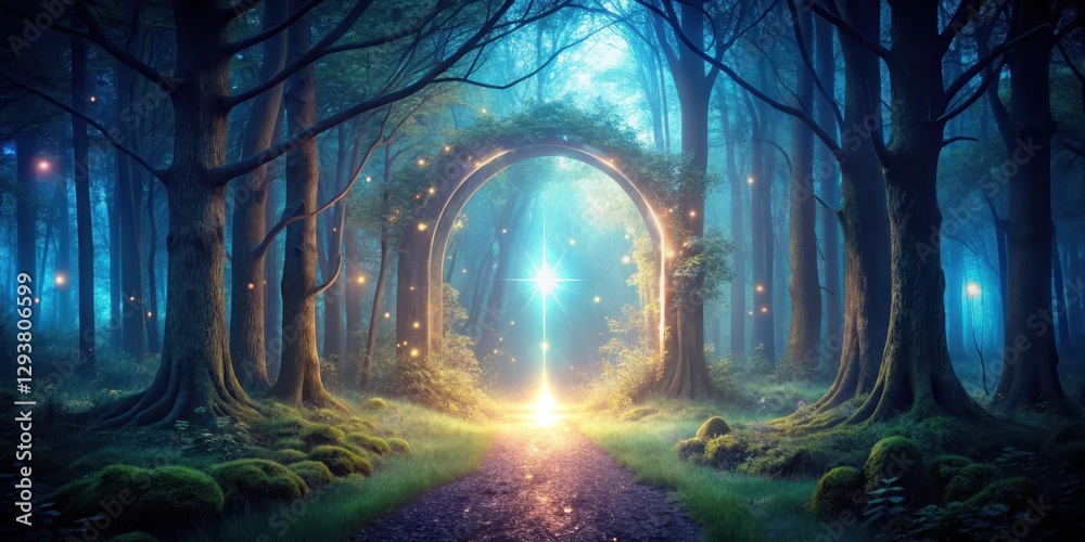 Obraz premium Mysterious Magic Forest Gate at Twilight, glowing portal, mystical energy