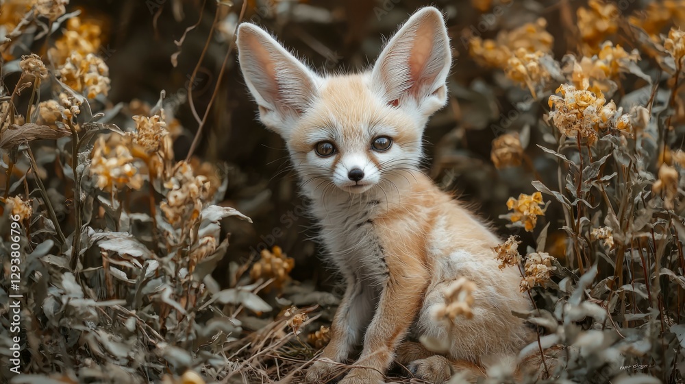 Fototapeta premium Adorable Fennec Fox Sitting Among Yellow Flowers in Nature