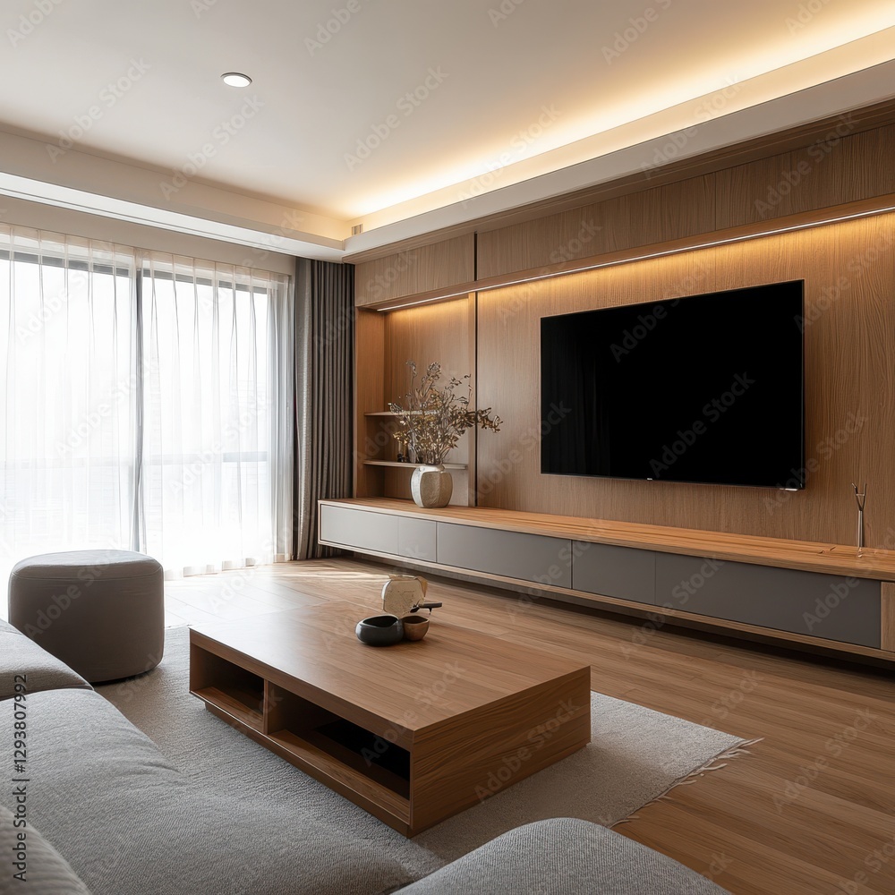 Naklejka premium Modern Living Room Featuring Neutral Tones and Minimalist Design