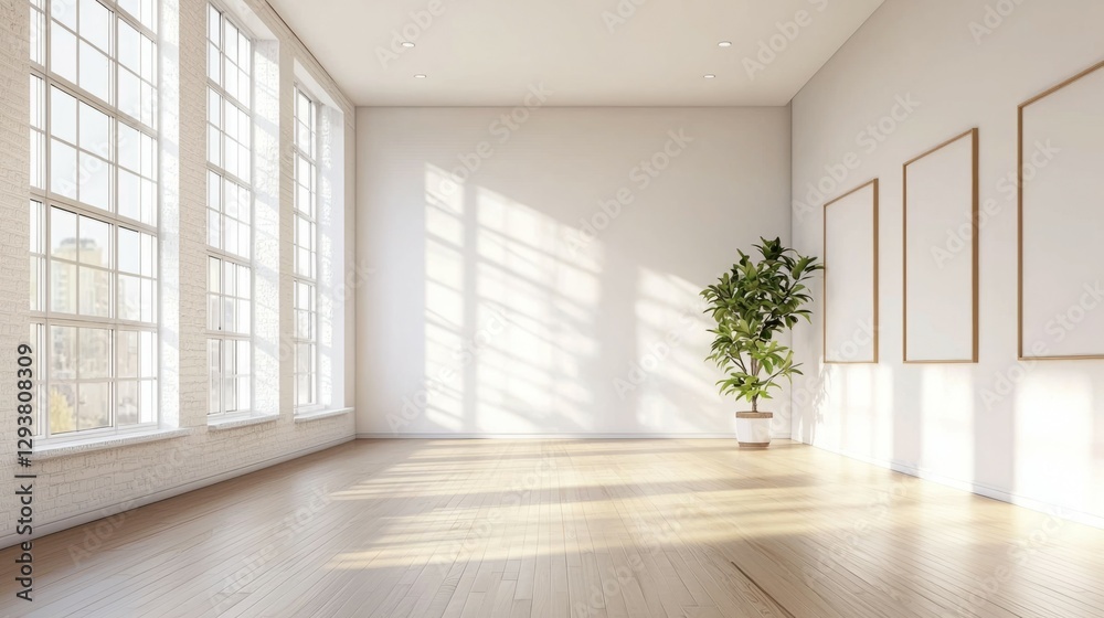 Fototapeta premium Bright and Airy Minimalist Interior Space with Large Windows and Plant