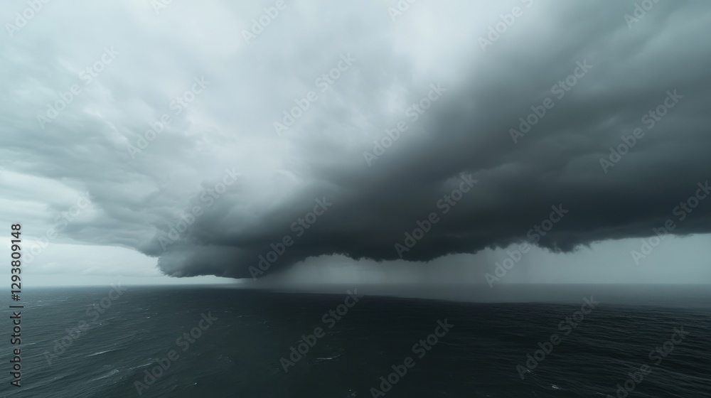 Fototapeta premium A powerful cyclone forming over the ocean, with dark clouds swirling above,