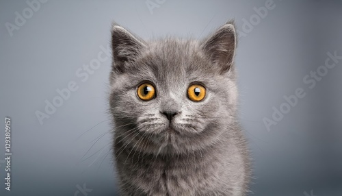 Grey British Shorthaired Kitten with Golden Eyes Gazing Intently Against a Grey Background Playful and Enchanting Portrait of Vibrant Curiosity