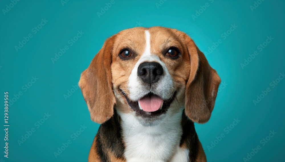 Happy Beagle Portrait on Teal Blue Background A Joyful Canine Smile Radiates Warmth and Playfulness, Enhancing Interiors with a Vibrant Pop of Color. Happy Beagle Portrait on Teal Blue Background A Joyful Canine Smile Radiates Warmth and Playfulness, Enhancing Interiors with a Vibrant Pop of Color.