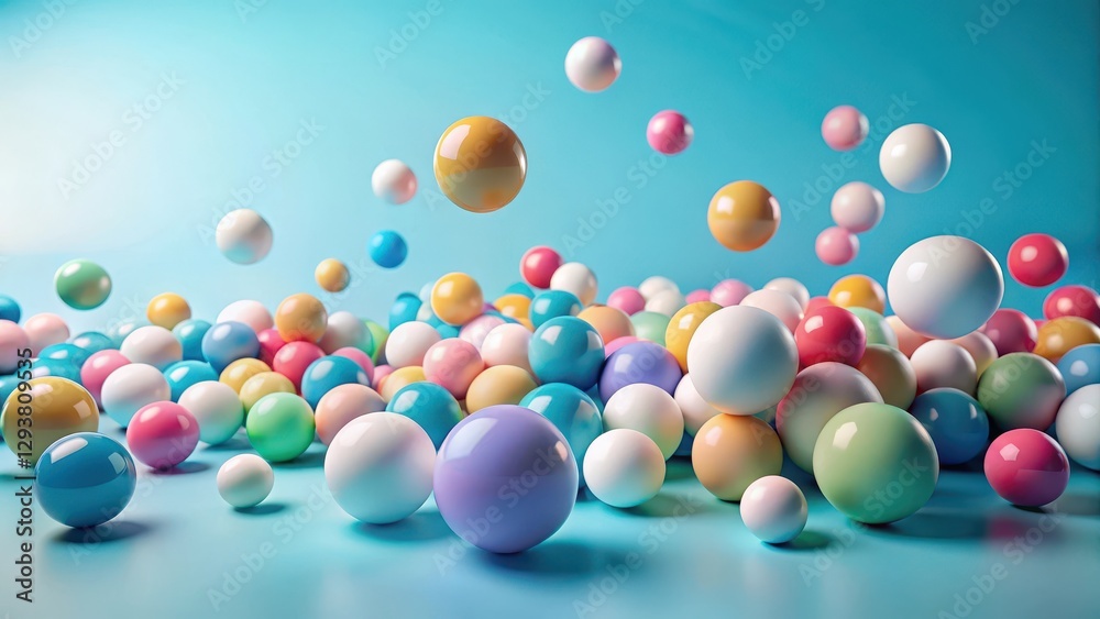 A cluster of colorful balls scattered on a light blue background with a few white balls in the foreground, creating a sense of depth and visual interest, creative space, background A cluster of colorful balls scattered on a light blue background with a few white balls in the foreground, creating a sense of depth and visual interest, creative space, background